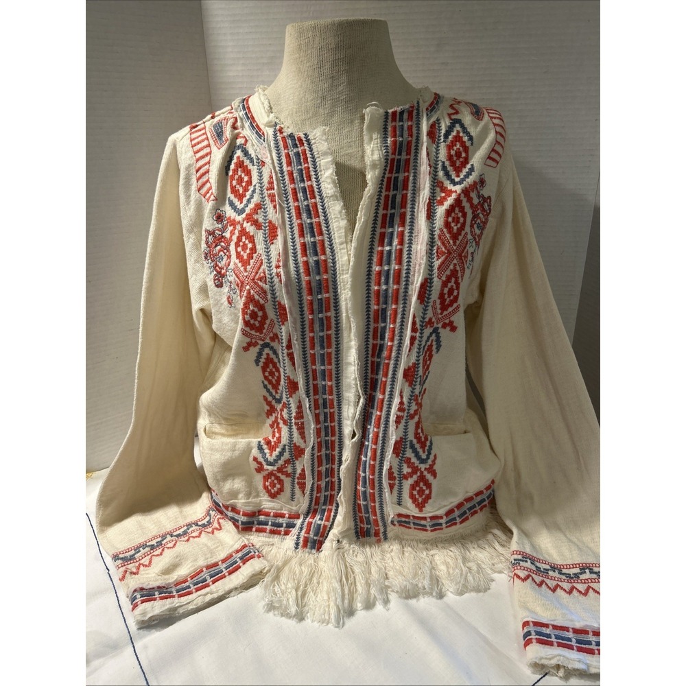 JOHNNY WAS Yatzil Fringe Jacket Embroidered Cream Cotton Size Medium